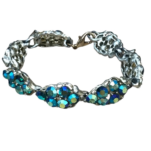 Vintnage Blue 50s 60s Iridescent Rhinestone Blue Bracelet - FLAW - Picture 1 of 7